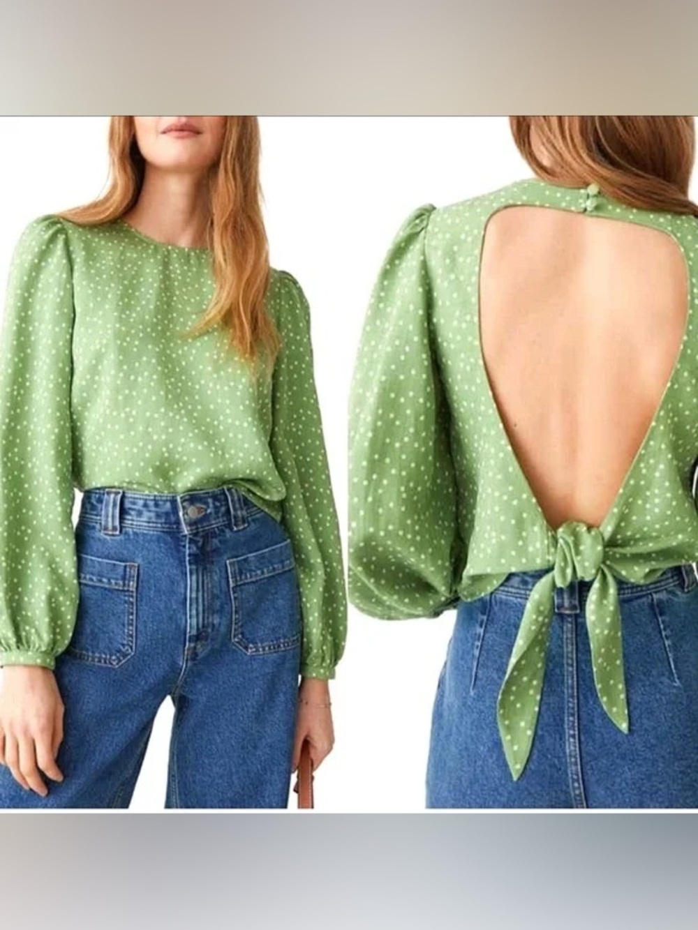 & Other Stories Open-Back Green Floral Blouse with Tie Size 4